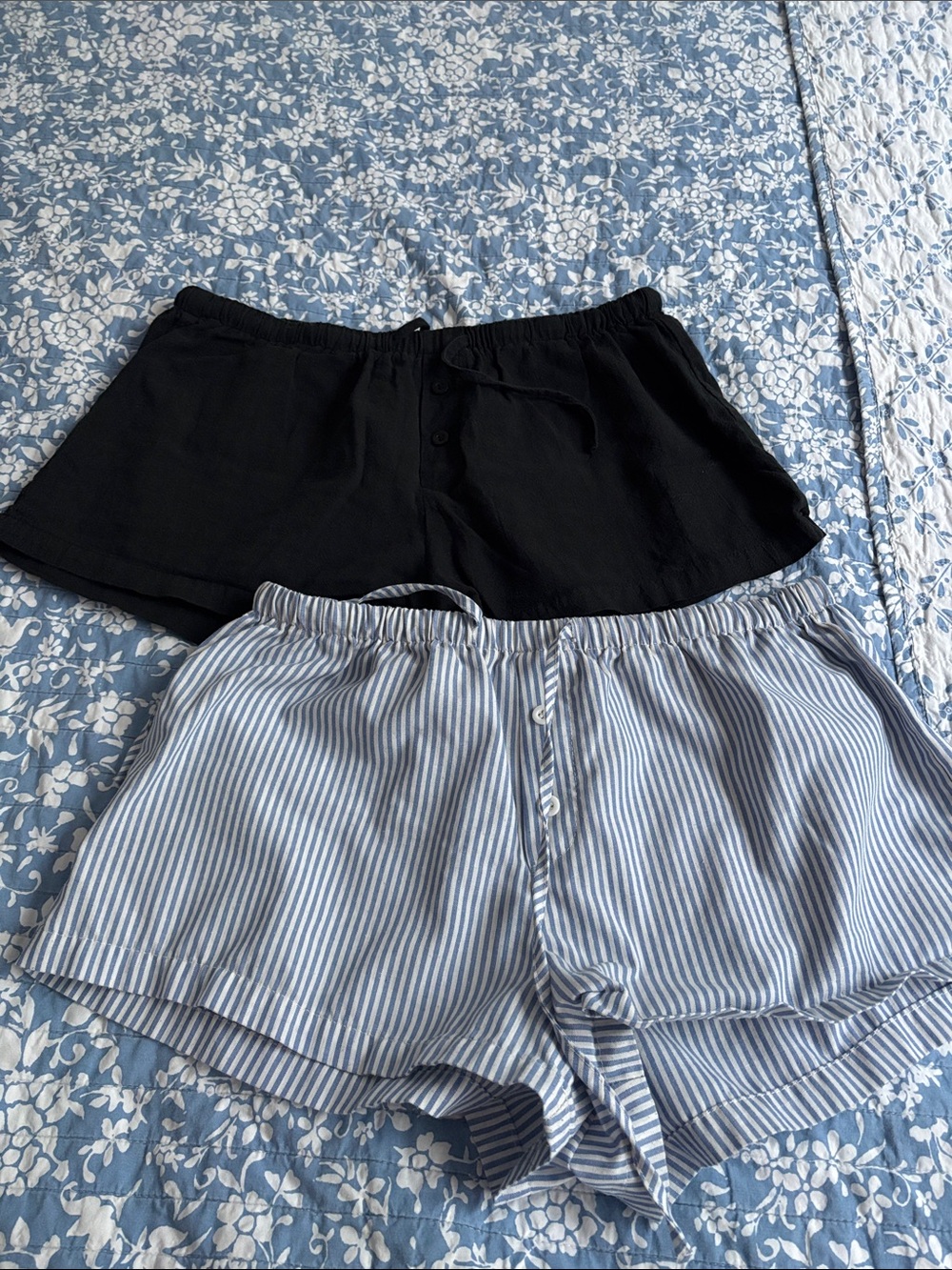 SHEIN Black Solid & Blue-White Striped Cotton Lounge Shorts Duo